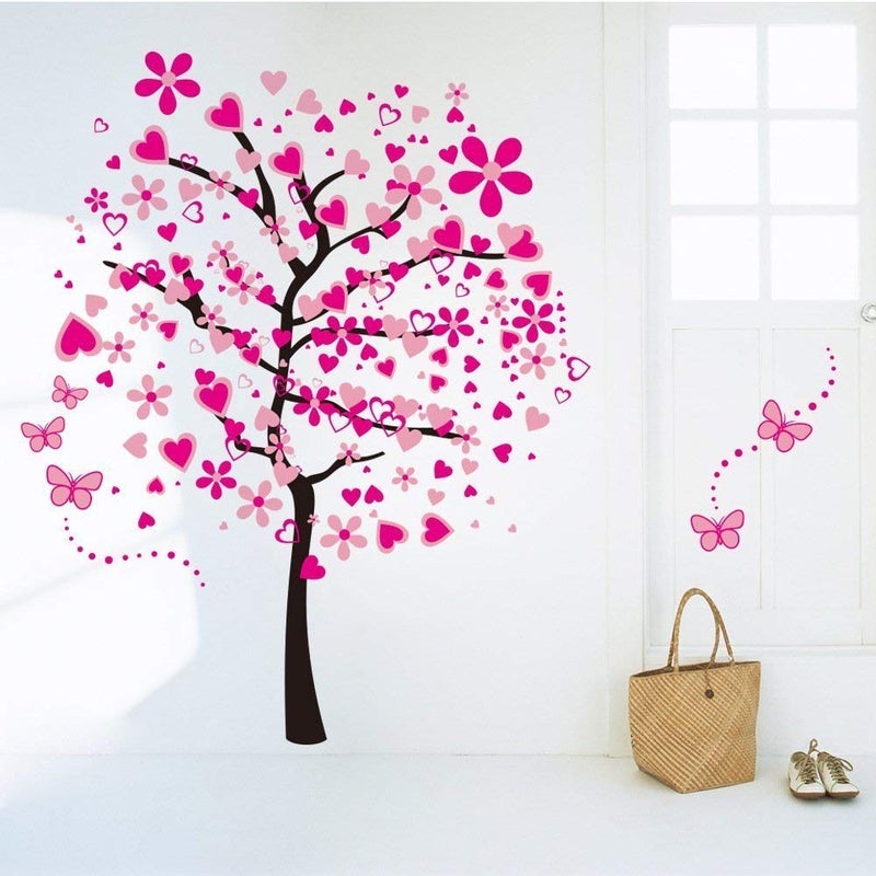 LiveGallery Removable Huge Pink Cartoon Heart Flower Tree Wall Decals Red Butterfly Wall Stickers Home Art Decor for Kids Girls Babys Bedroom Nursery Room Living Room Decorations - Image 2